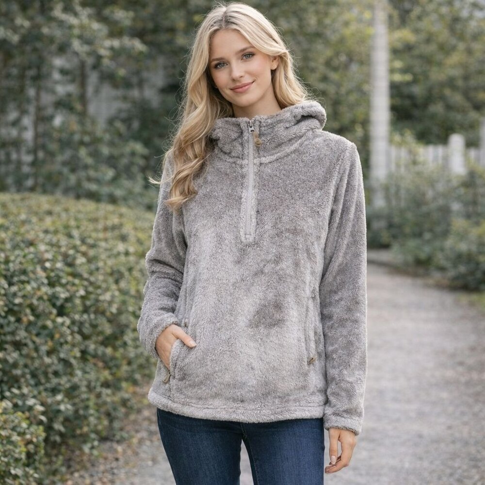 Gerry Hoodie Womens M Gray Half-Zip Plush Fleece Pullover Jacket Pocket